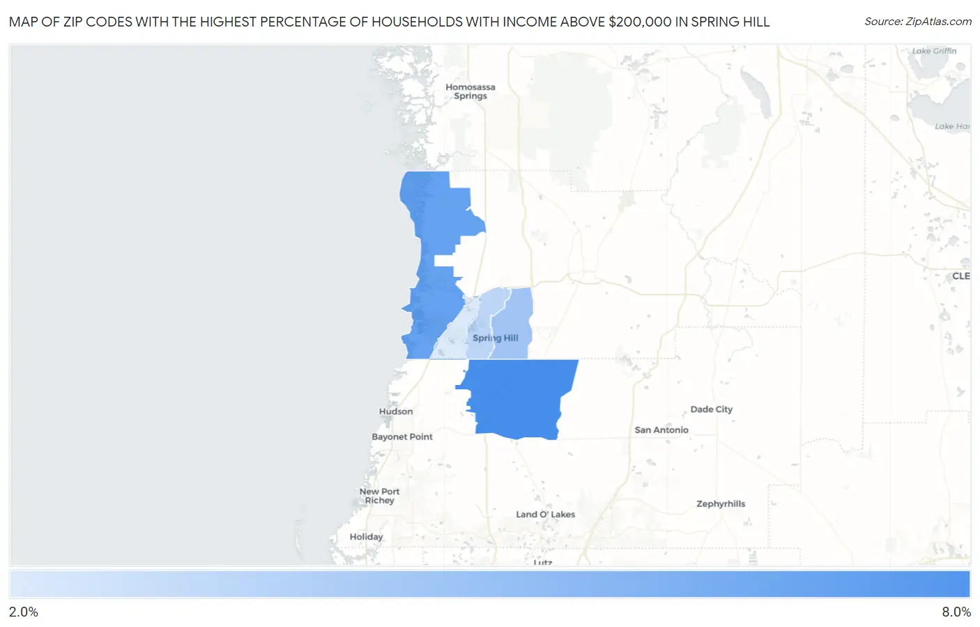 Zip Codes with the Highest Percentage of Households with Income Above $200,000 in Spring Hill Map