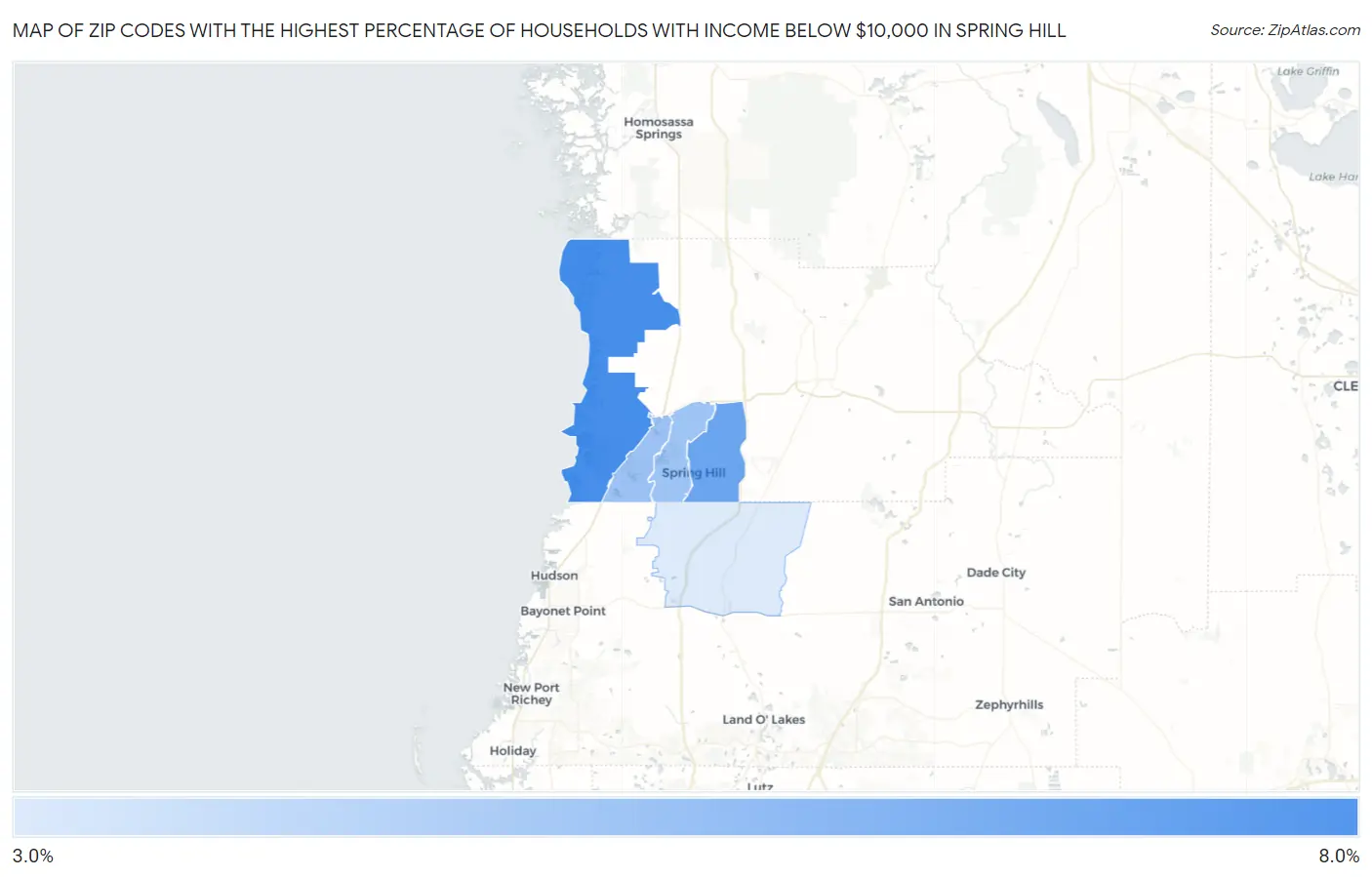 Zip Codes with the Highest Percentage of Households with Income Below $10,000 in Spring Hill Map