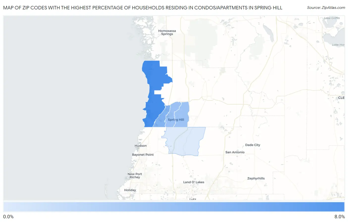 Zip Codes with the Highest Percentage of Households Residing in Condos/Apartments in Spring Hill Map