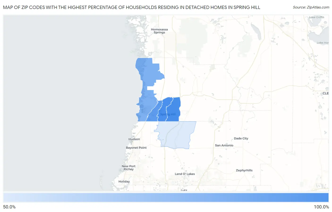 Zip Codes with the Highest Percentage of Households Residing in Detached Homes in Spring Hill Map