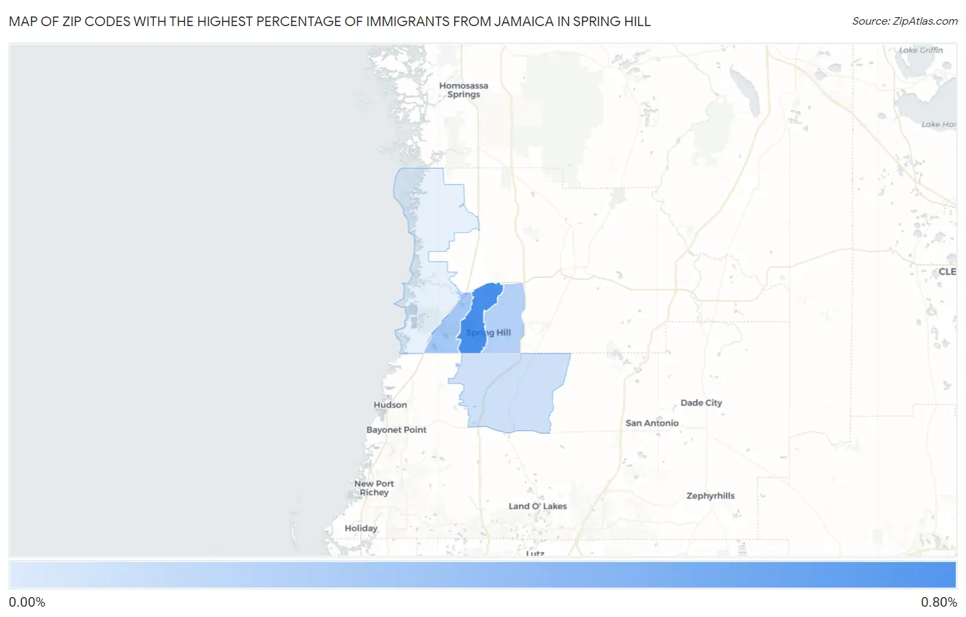 Zip Codes with the Highest Percentage of Immigrants from Jamaica in Spring Hill Map