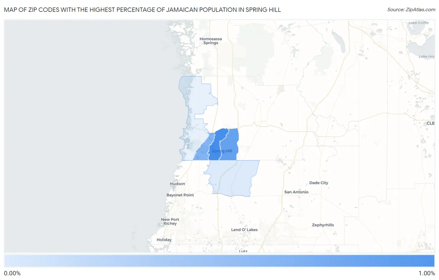 Zip Codes with the Highest Percentage of Jamaican Population in Spring Hill Map