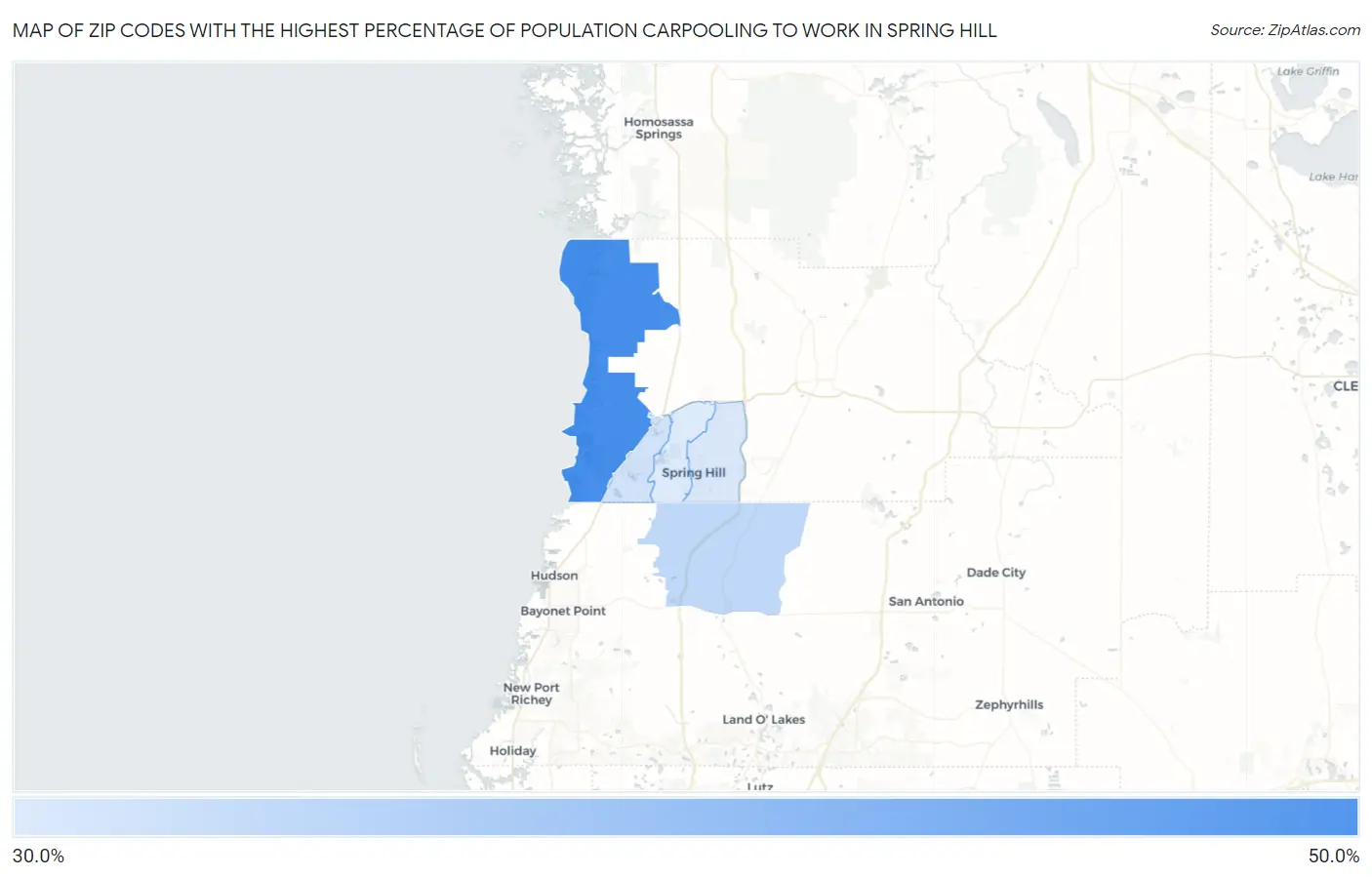 Zip Codes with the Highest Percentage of Population Carpooling to Work in Spring Hill Map