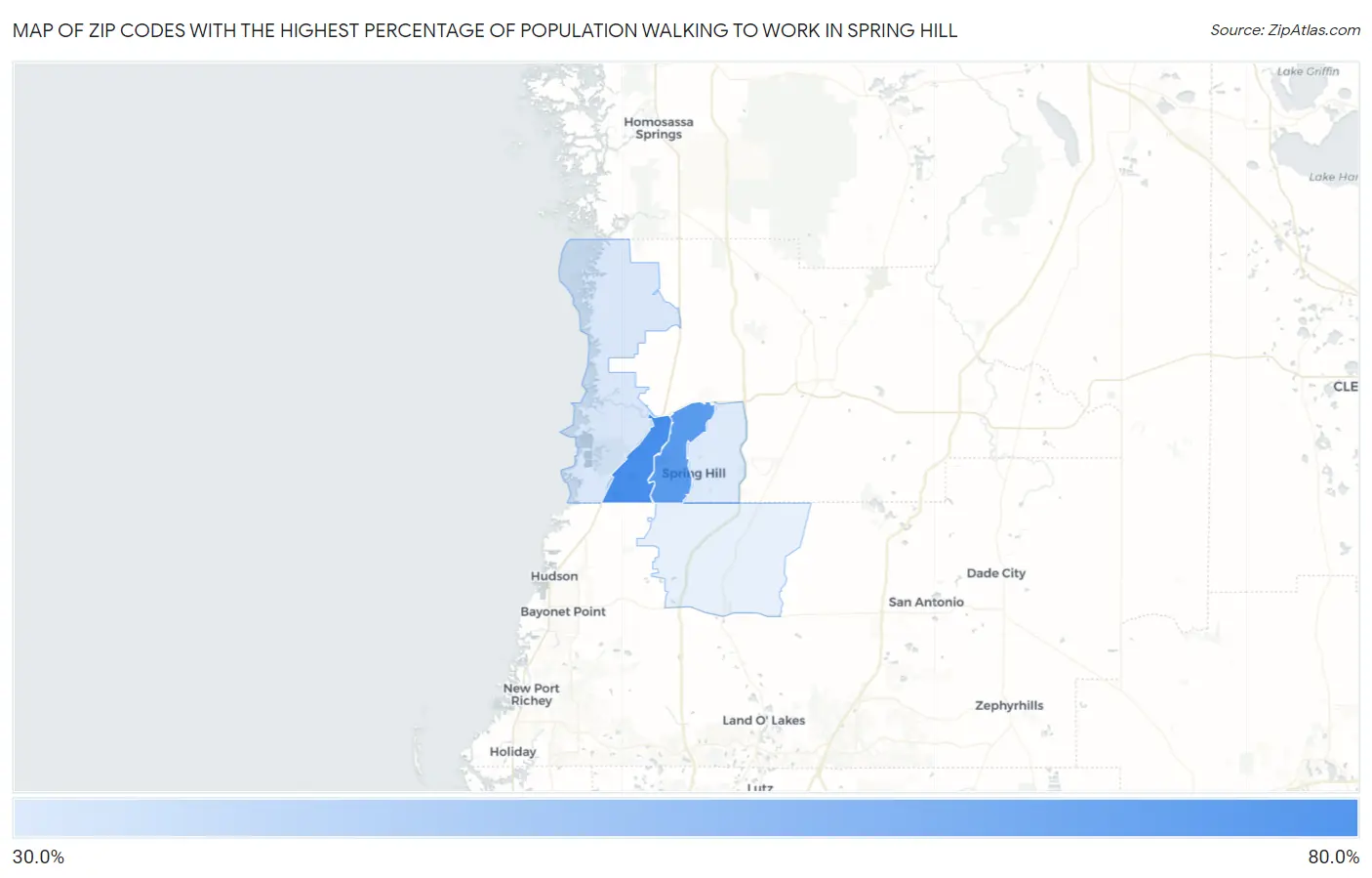 Zip Codes with the Highest Percentage of Population Walking to Work in Spring Hill Map