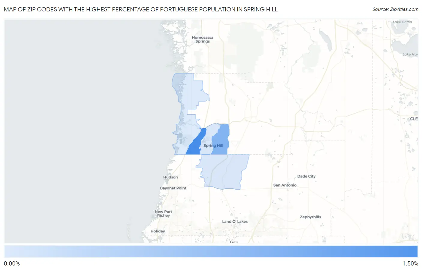 Zip Codes with the Highest Percentage of Portuguese Population in Spring Hill Map
