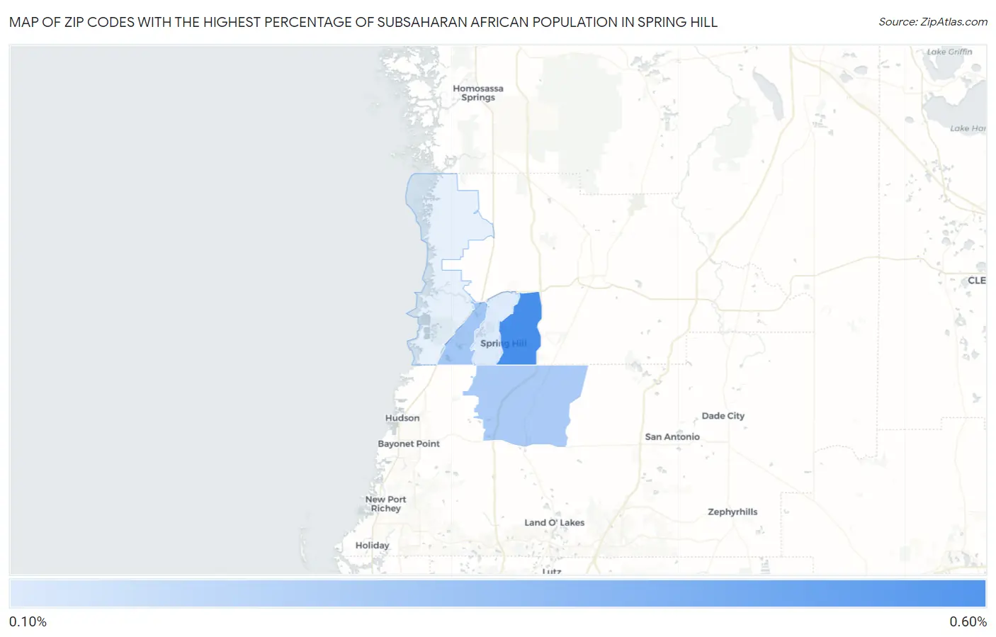 Zip Codes with the Highest Percentage of Subsaharan African Population in Spring Hill Map