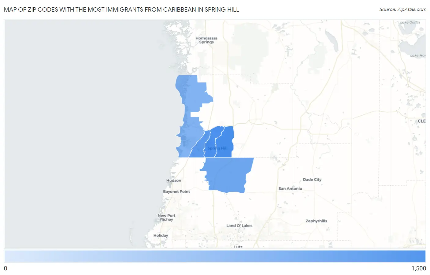 Zip Codes with the Most Immigrants from Caribbean in Spring Hill Map