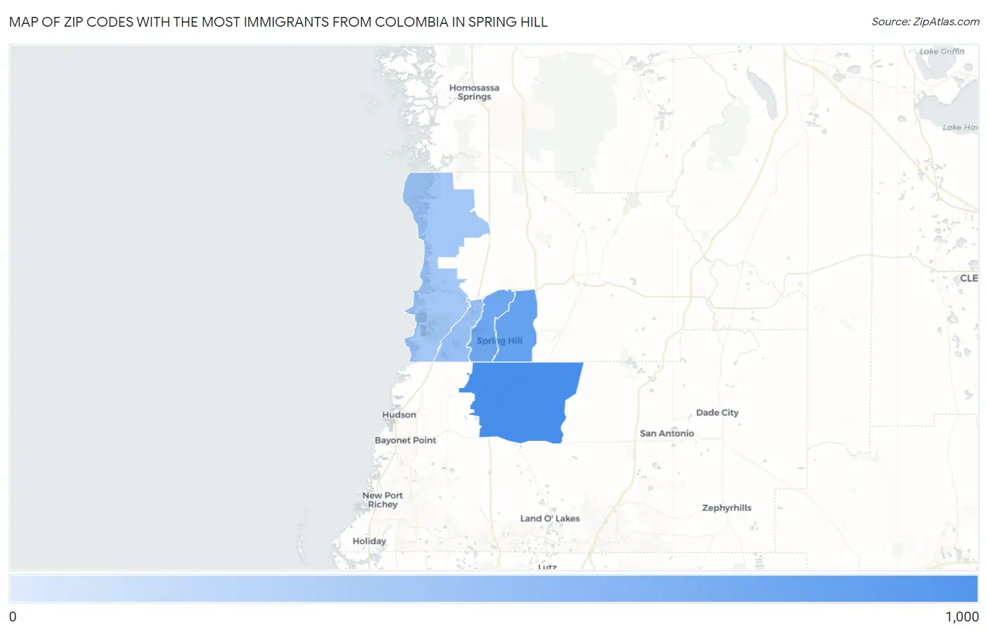 Zip Codes with the Most Immigrants from Colombia in Spring Hill Map