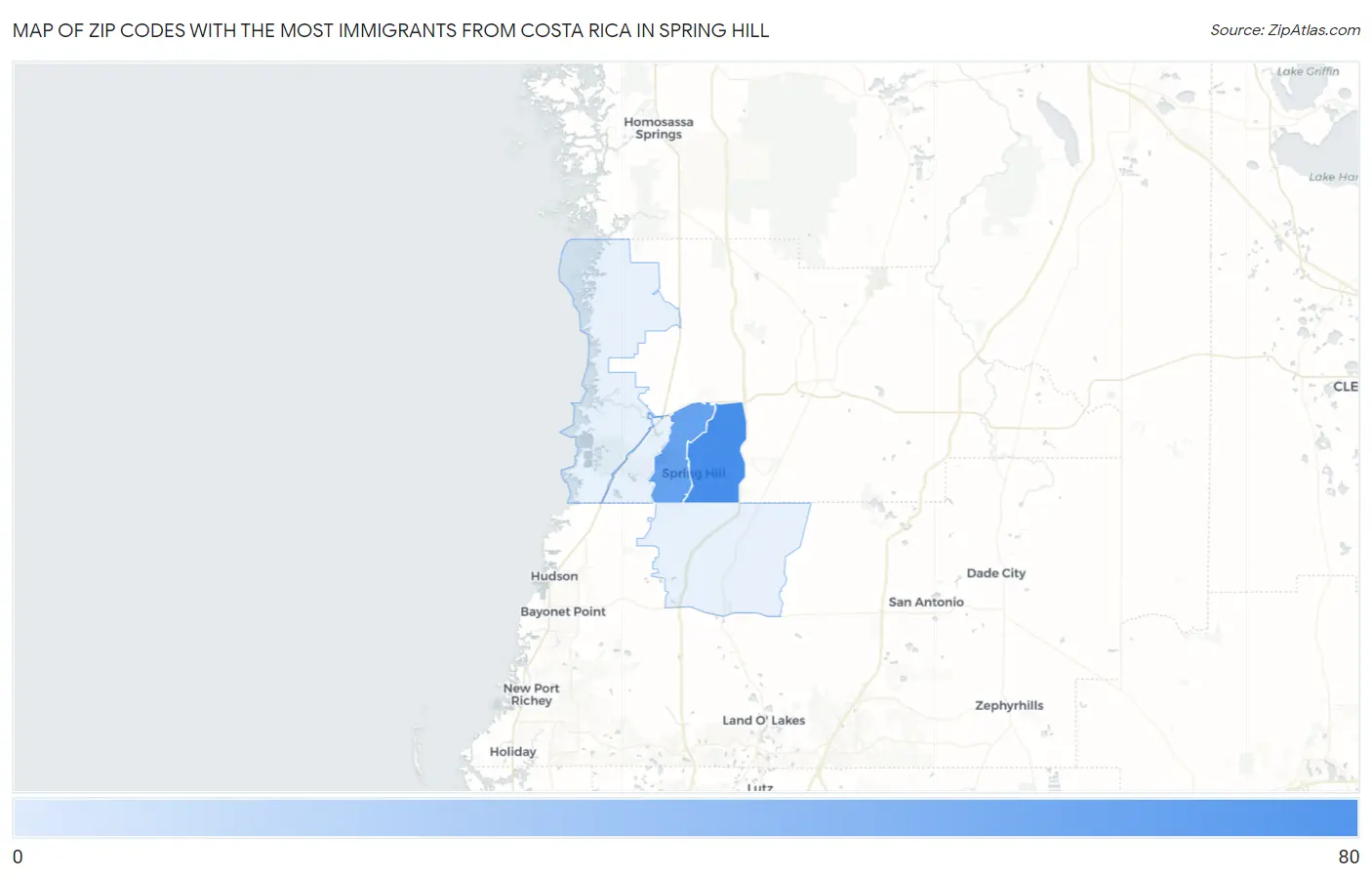 Zip Codes with the Most Immigrants from Costa Rica in Spring Hill Map