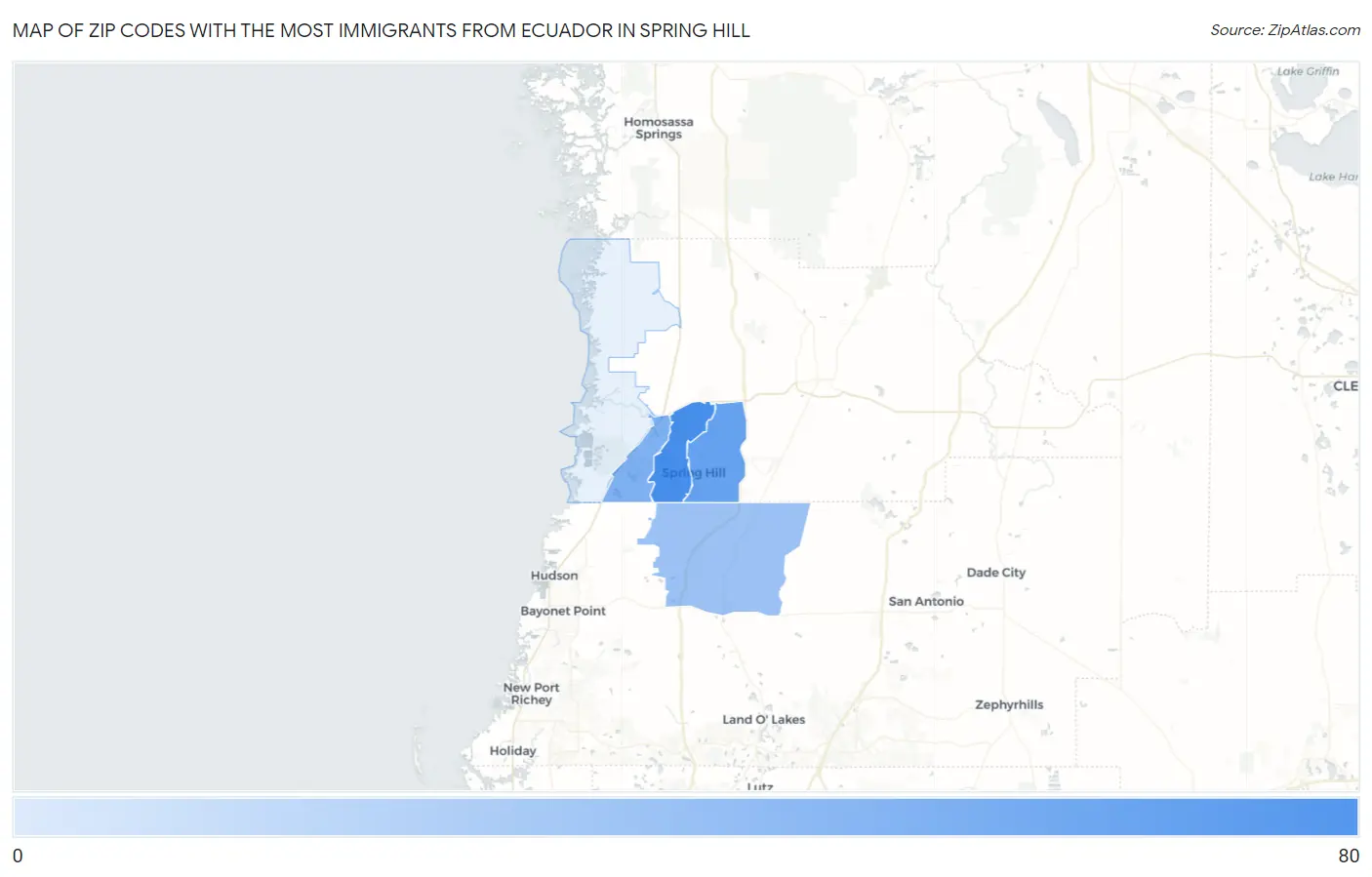 Zip Codes with the Most Immigrants from Ecuador in Spring Hill Map