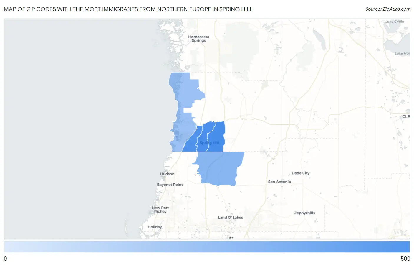 Zip Codes with the Most Immigrants from Northern Europe in Spring Hill Map