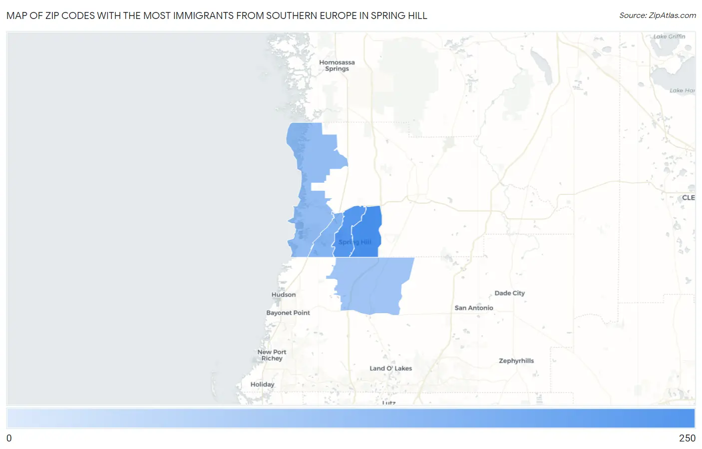 Zip Codes with the Most Immigrants from Southern Europe in Spring Hill Map