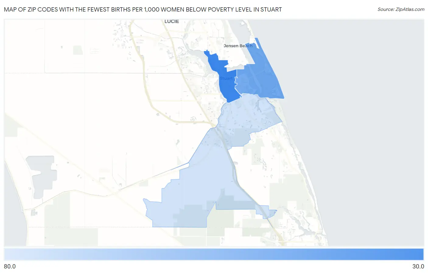 Zip Codes with the Fewest Births per 1,000 Women Below Poverty Level in Stuart Map
