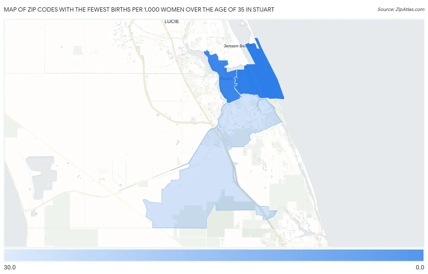 Zip Codes with the Fewest Births per 1,000 Women Over the Age of 35 in Stuart Map