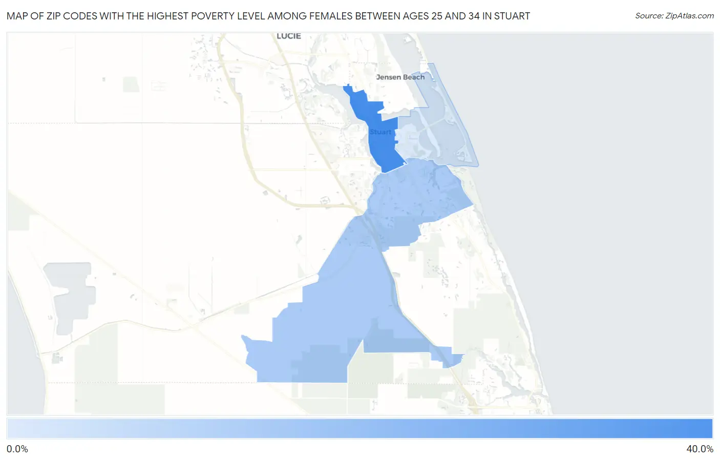 Zip Codes with the Highest Poverty Level Among Females Between Ages 25 and 34 in Stuart Map