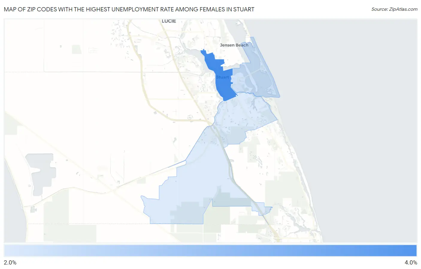 Zip Codes with the Highest Unemployment Rate Among Females in Stuart Map
