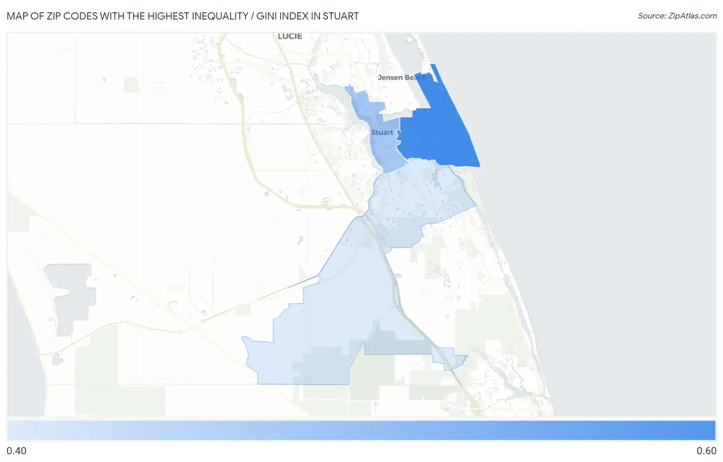 Zip Codes with the Highest Inequality / Gini Index in Stuart Map