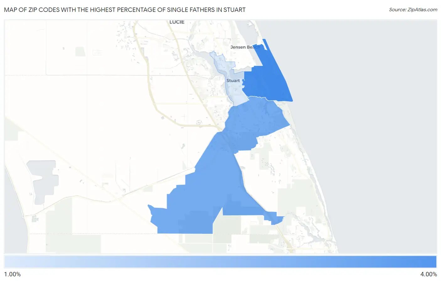 Zip Codes with the Highest Percentage of Single Fathers in Stuart Map