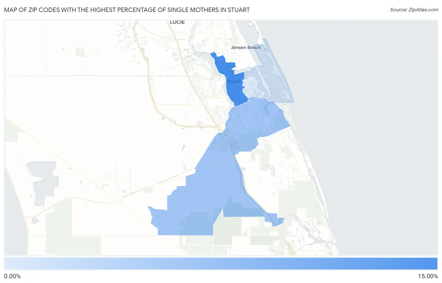 Zip Codes with the Highest Percentage of Single Mothers in Stuart Map