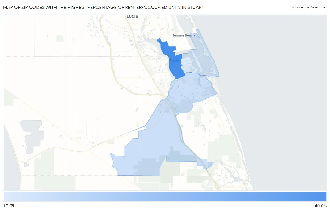 Zip Codes with the Highest Percentage of Renter-Occupied Units in Stuart Map