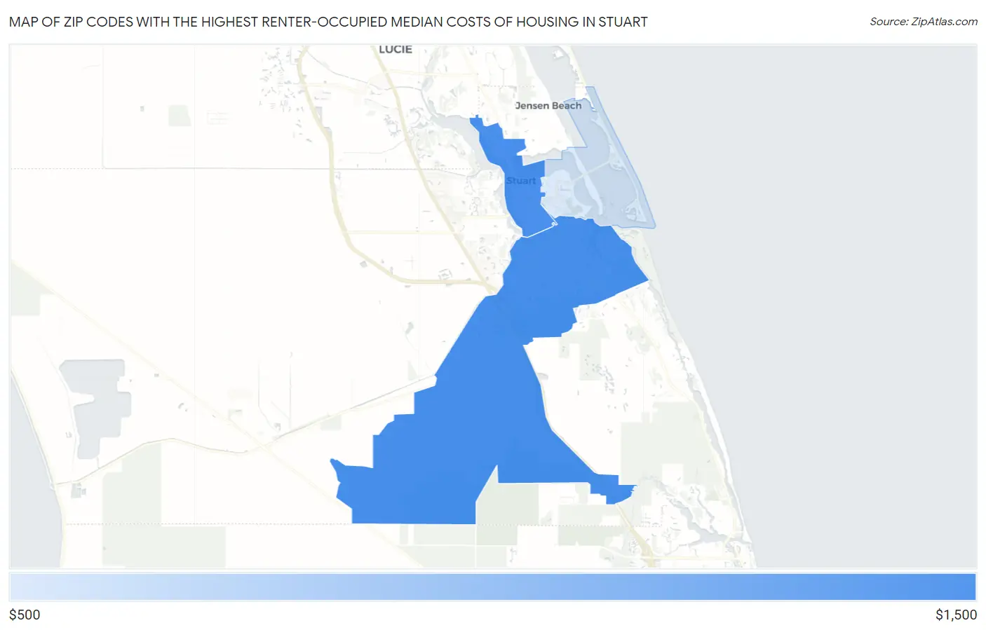Zip Codes with the Highest Renter-Occupied Median Costs of Housing in Stuart Map