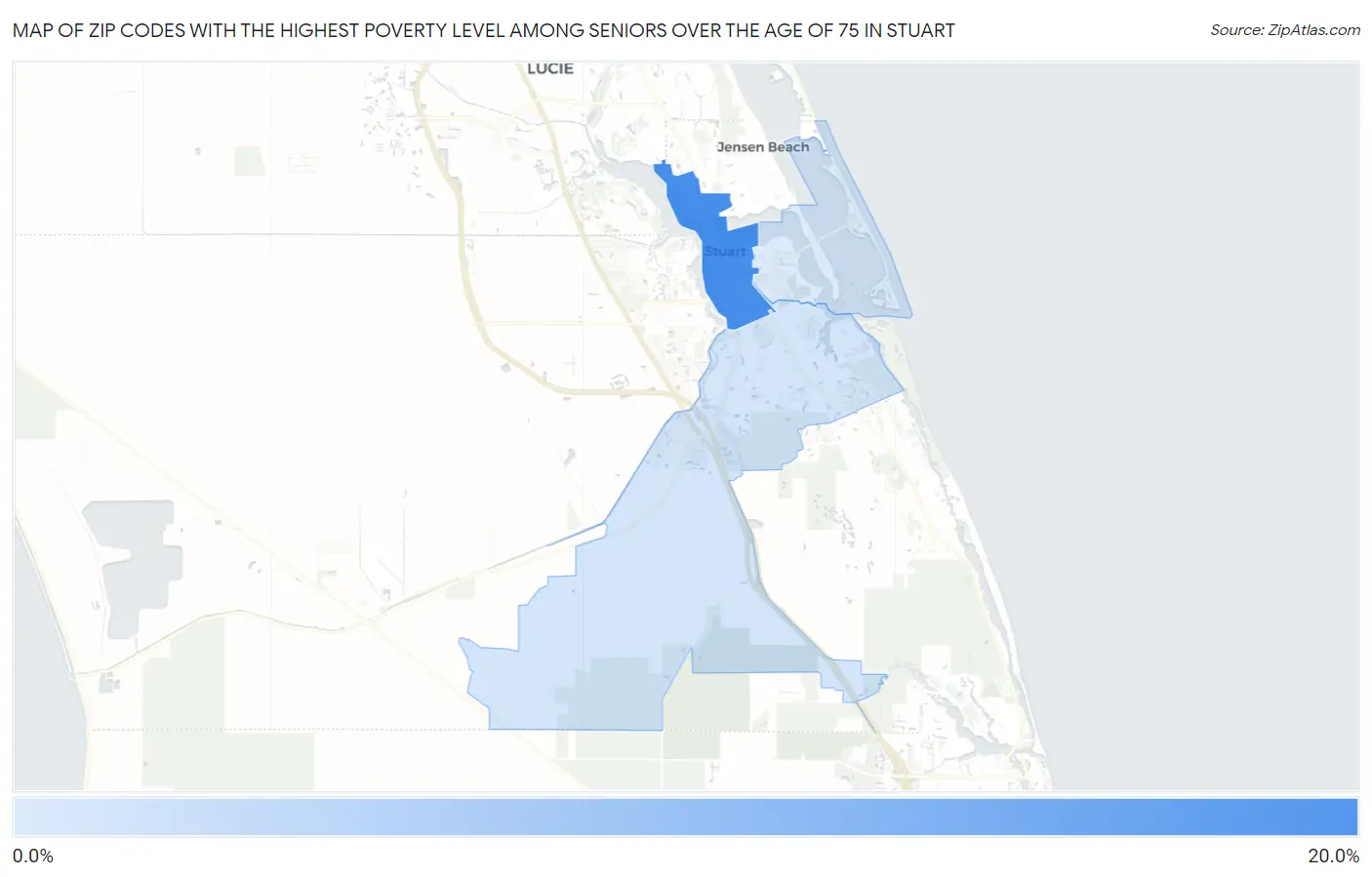Zip Codes with the Highest Poverty Level Among Seniors Over the Age of 75 in Stuart Map