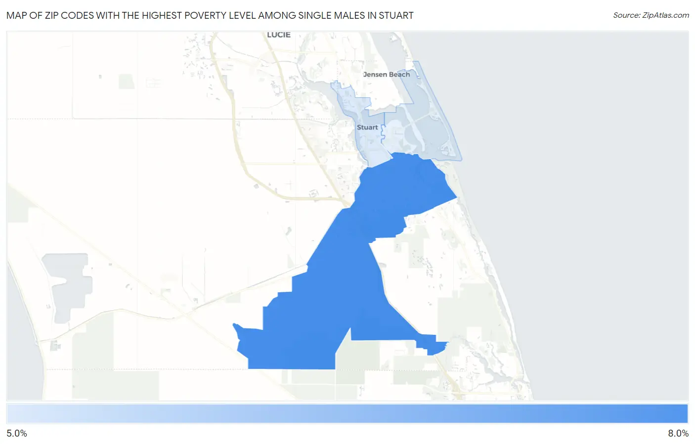Zip Codes with the Highest Poverty Level Among Single Males in Stuart Map