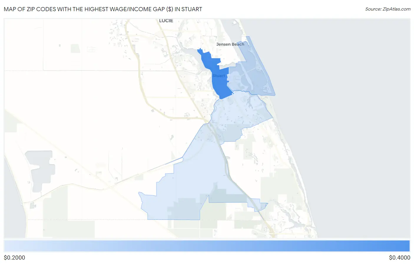 Zip Codes with the Highest Wage/Income Gap ($) in Stuart Map