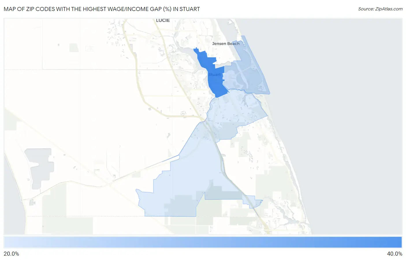Zip Codes with the Highest Wage/Income Gap (%) in Stuart Map