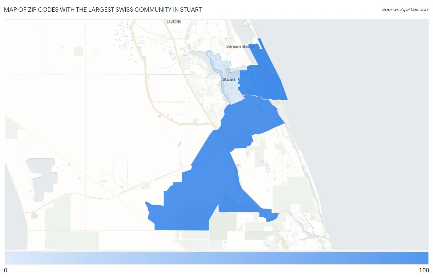 Zip Codes with the Largest Swiss Community in Stuart Map