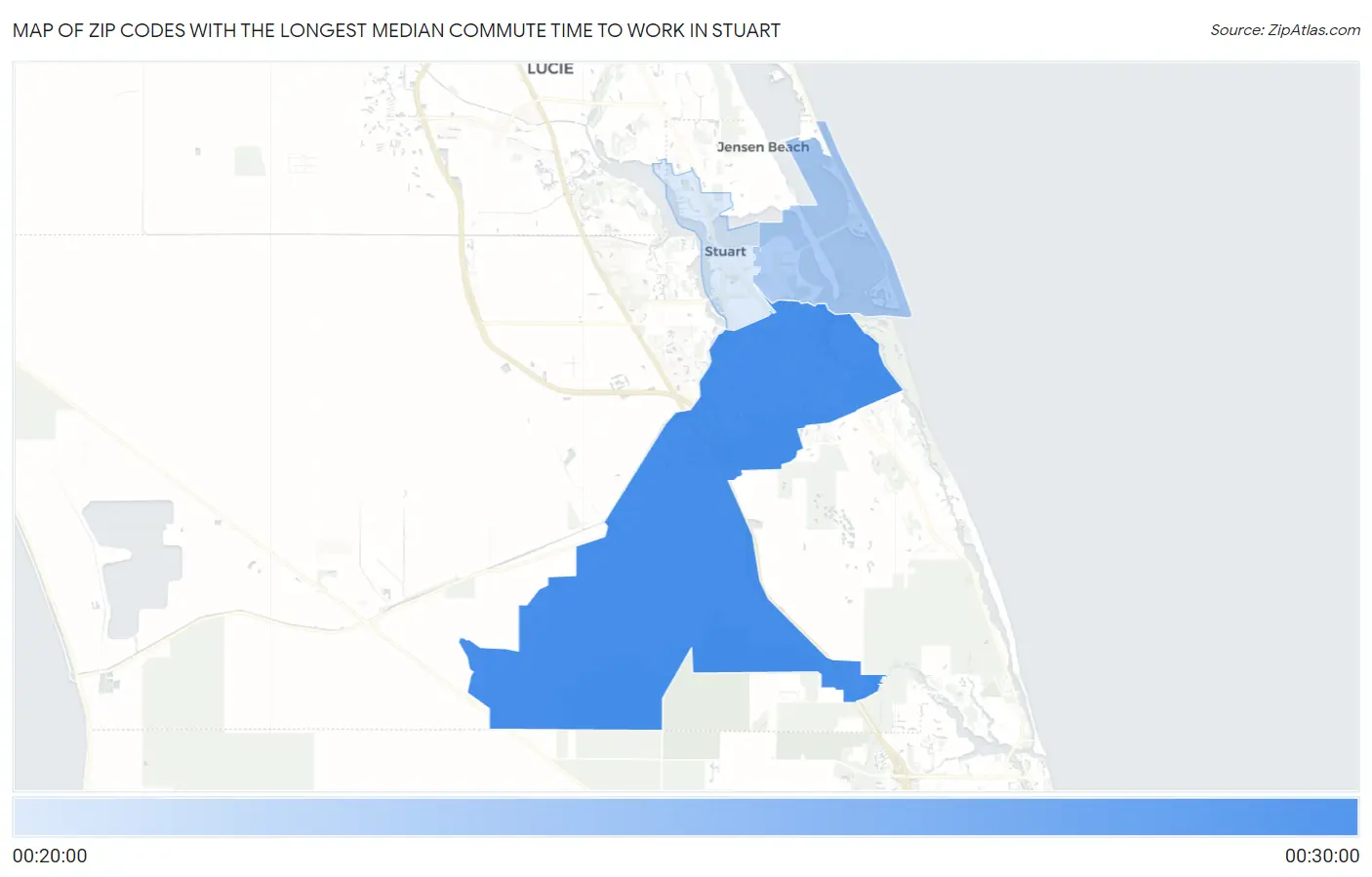 Zip Codes with the Longest Median Commute Time to Work in Stuart Map