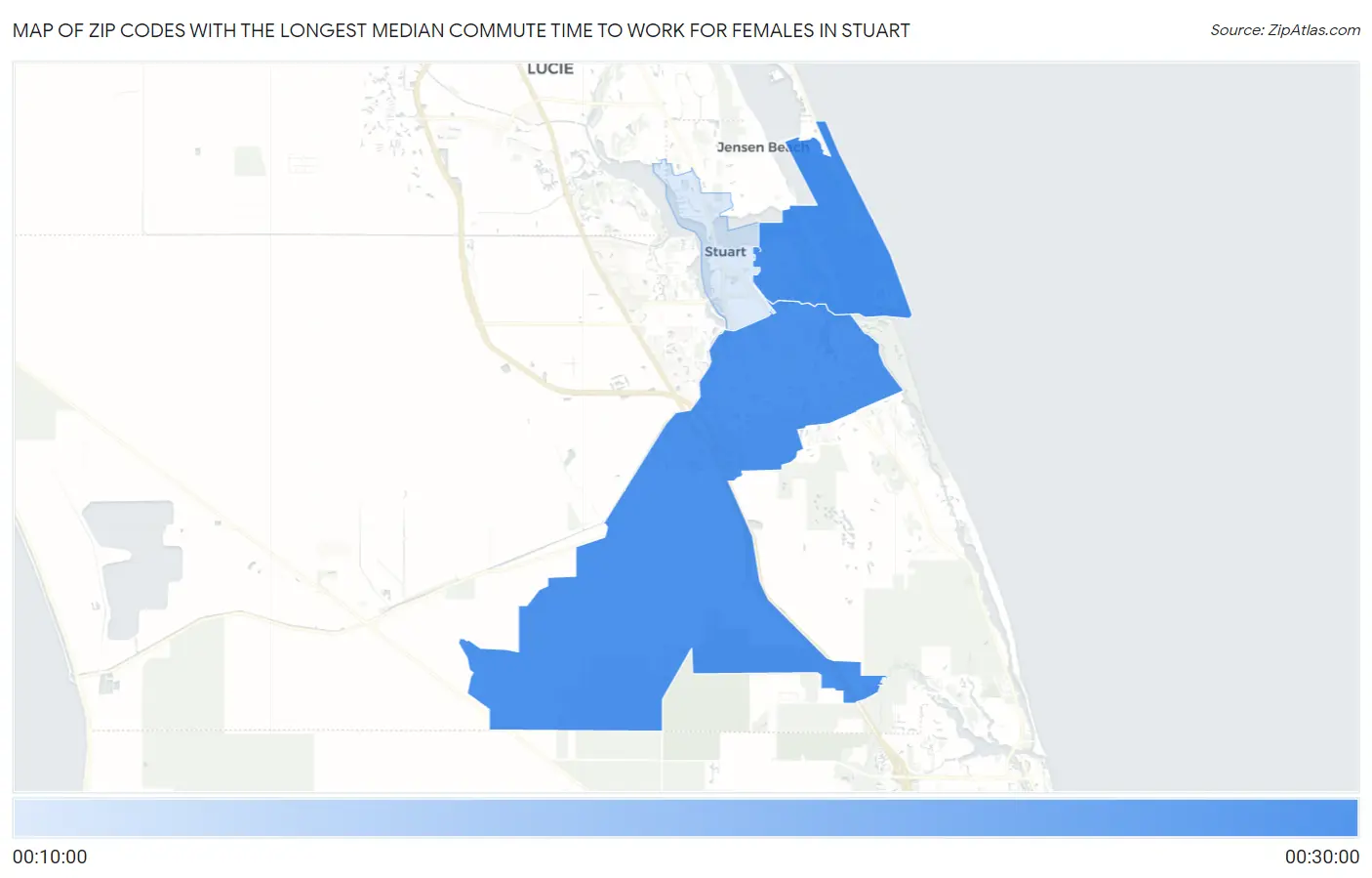 Zip Codes with the Longest Median Commute Time to Work for Females in Stuart Map