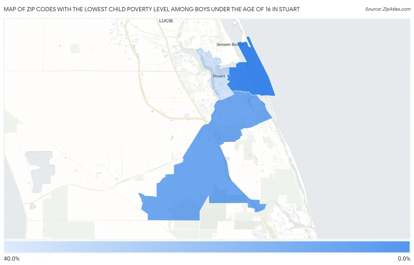 Zip Codes with the Lowest Child Poverty Level Among Boys Under the Age of 16 in Stuart Map
