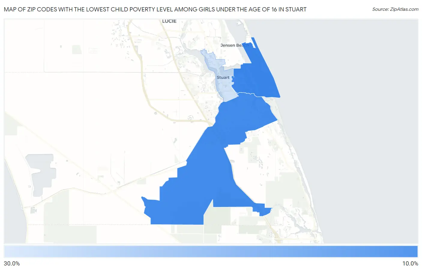 Zip Codes with the Lowest Child Poverty Level Among Girls Under the Age of 16 in Stuart Map