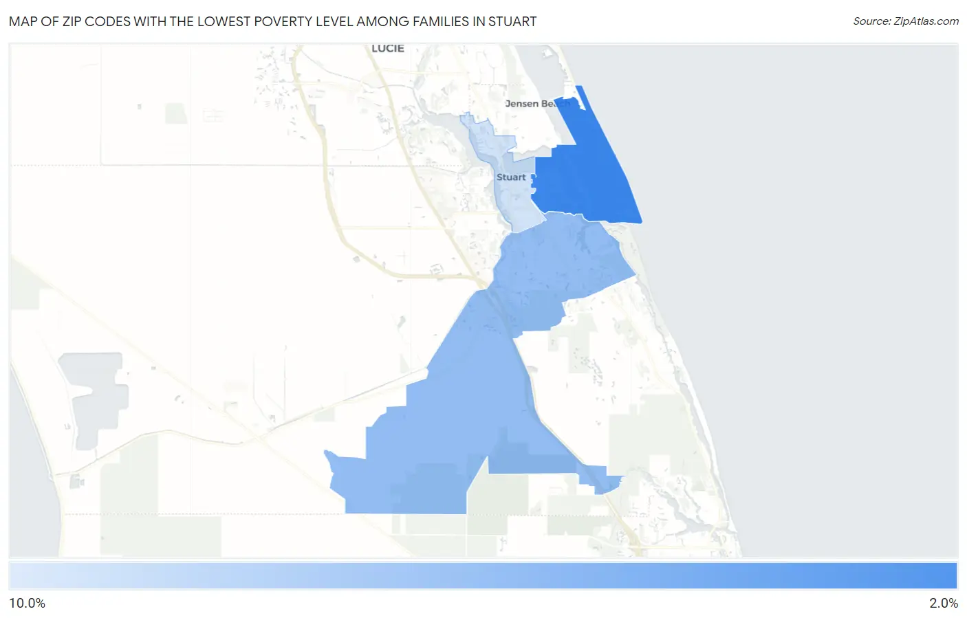 Zip Codes with the Lowest Poverty Level Among Families in Stuart Map