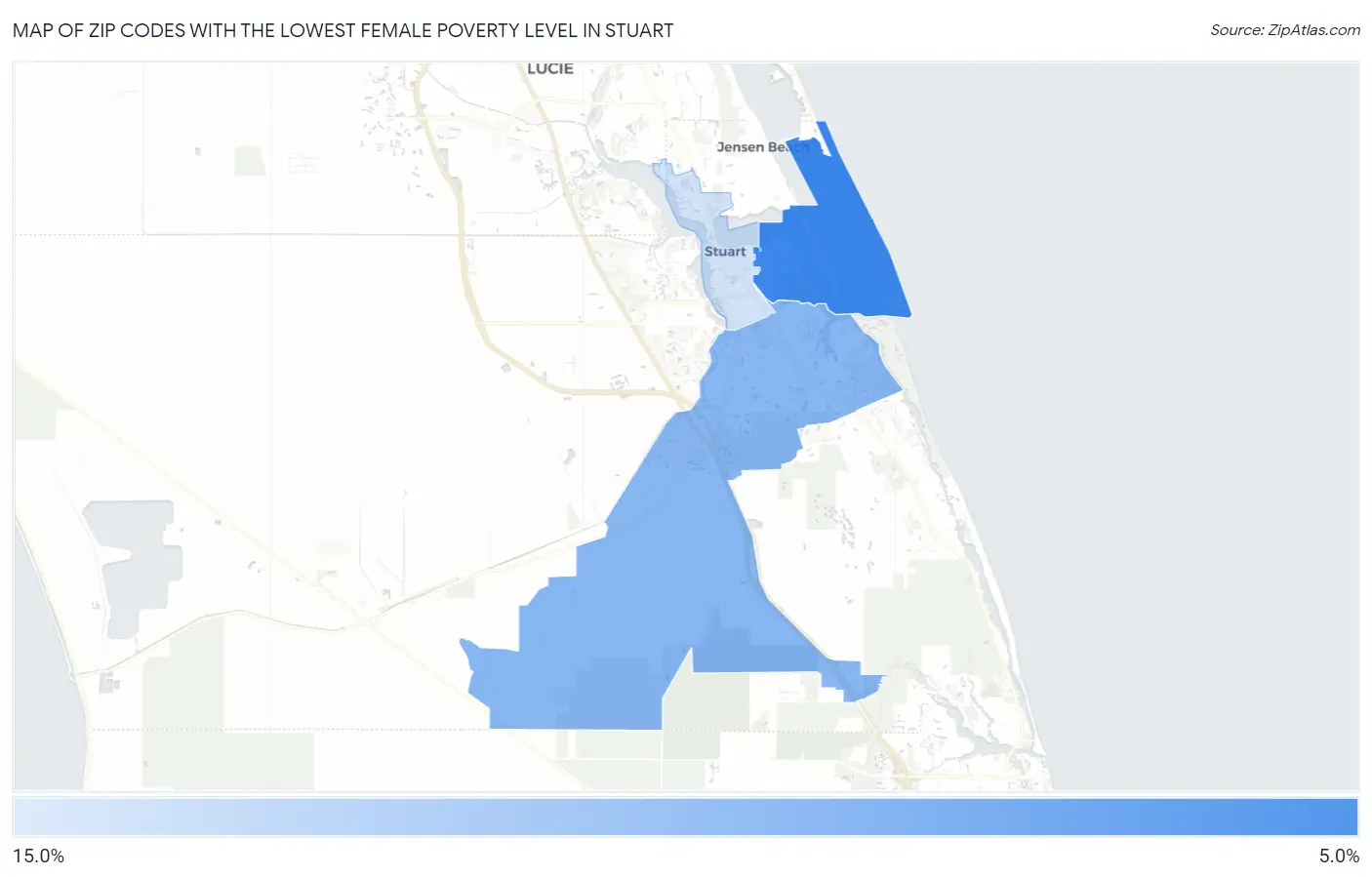 Zip Codes with the Lowest Female Poverty Level in Stuart Map