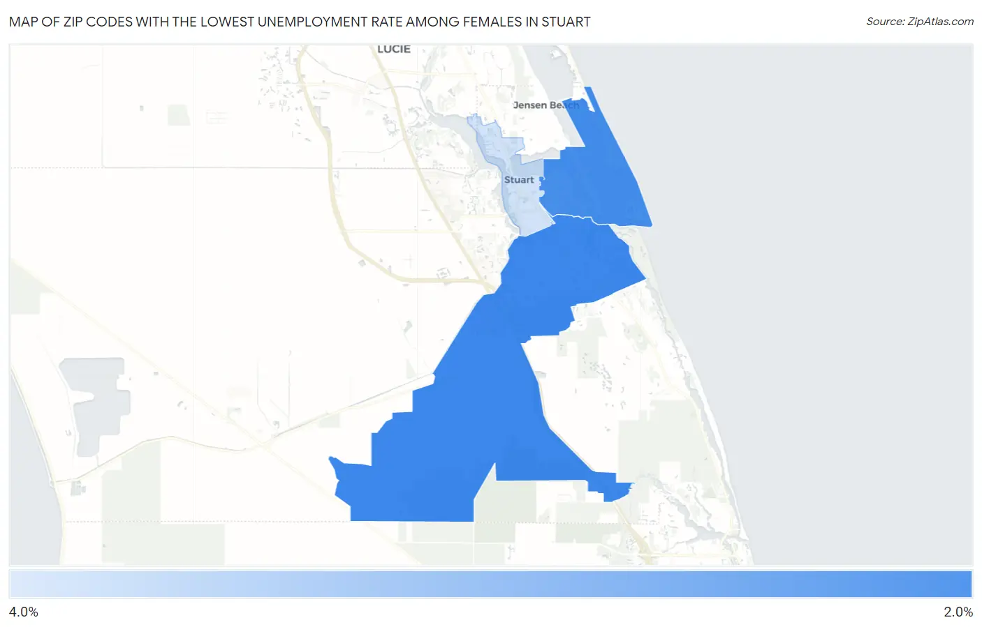 Zip Codes with the Lowest Unemployment Rate Among Females in Stuart Map