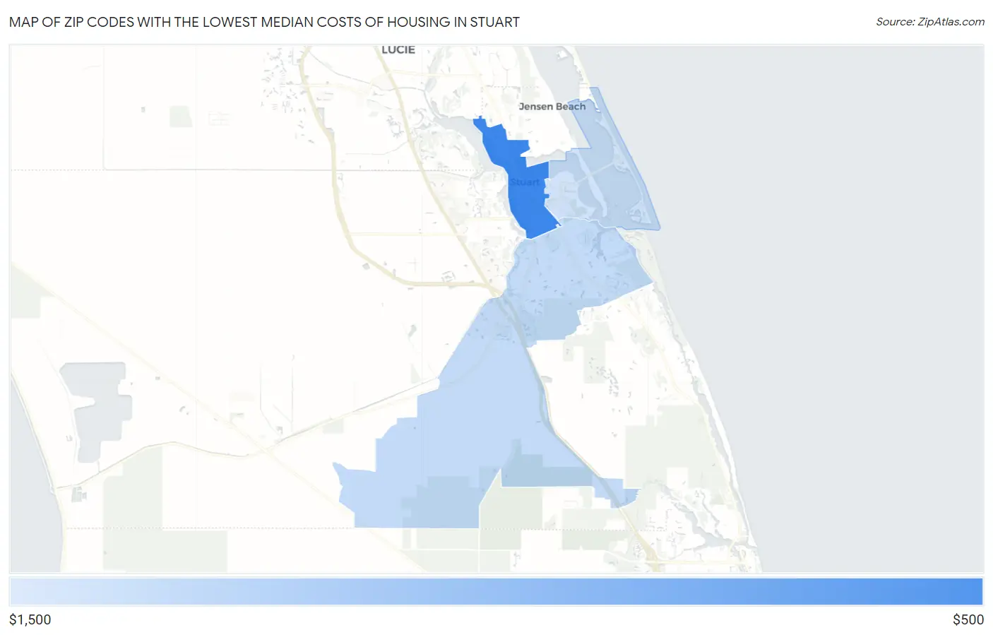 Zip Codes with the Lowest Median Costs of Housing in Stuart Map