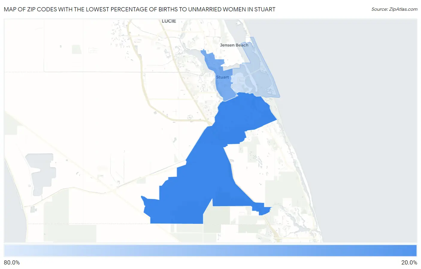 Zip Codes with the Lowest Percentage of Births to Unmarried Women in Stuart Map