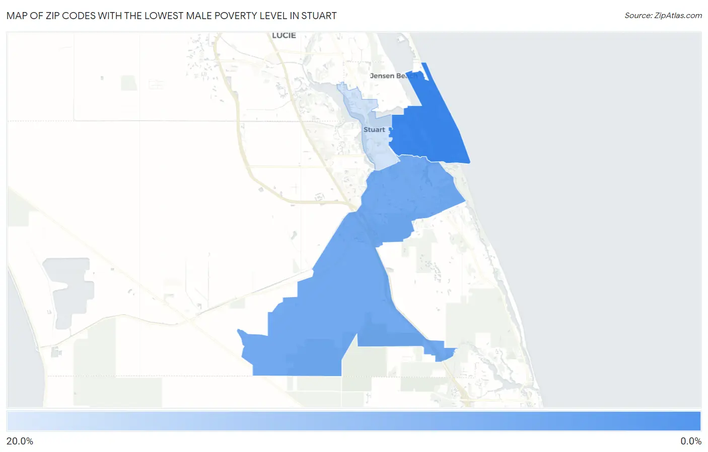 Zip Codes with the Lowest Male Poverty Level in Stuart Map