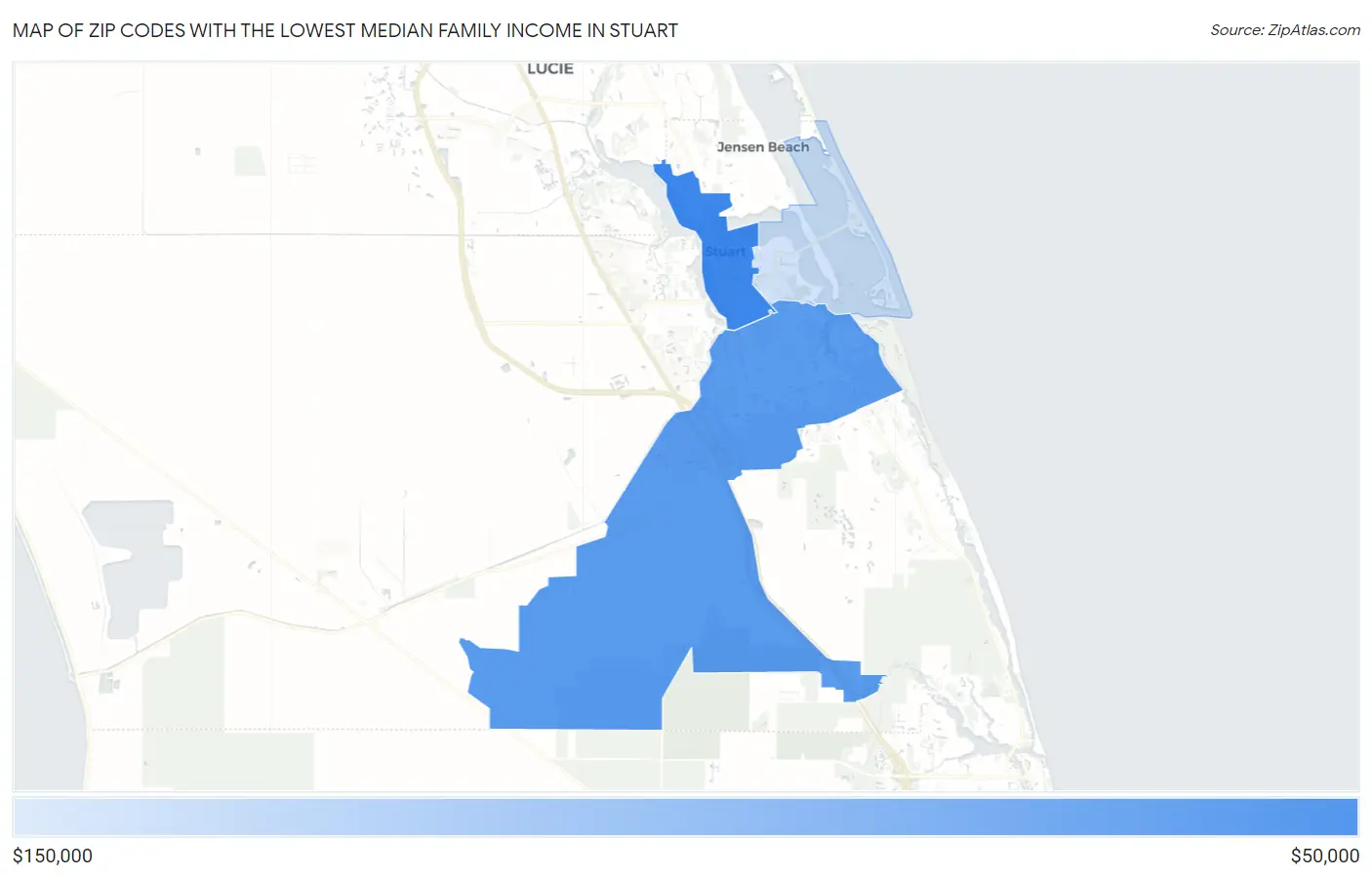 Zip Codes with the Lowest Median Family Income in Stuart Map