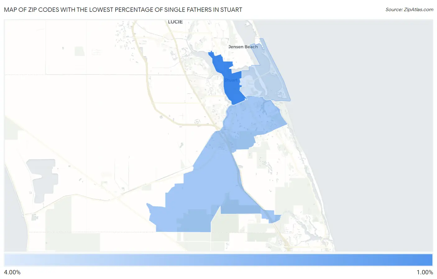 Zip Codes with the Lowest Percentage of Single Fathers in Stuart Map