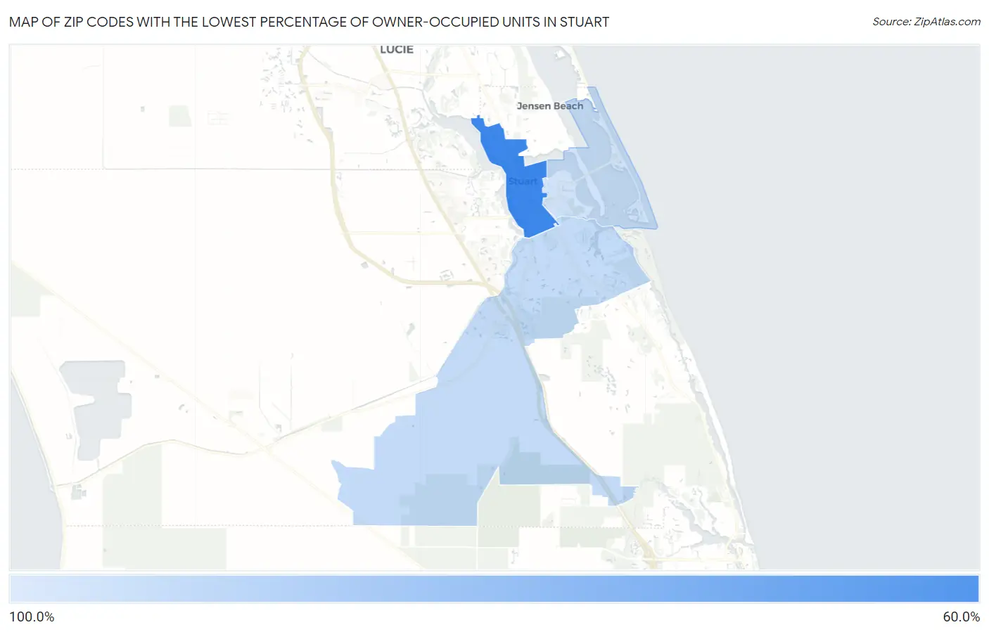 Zip Codes with the Lowest Percentage of Owner-Occupied Units in Stuart Map