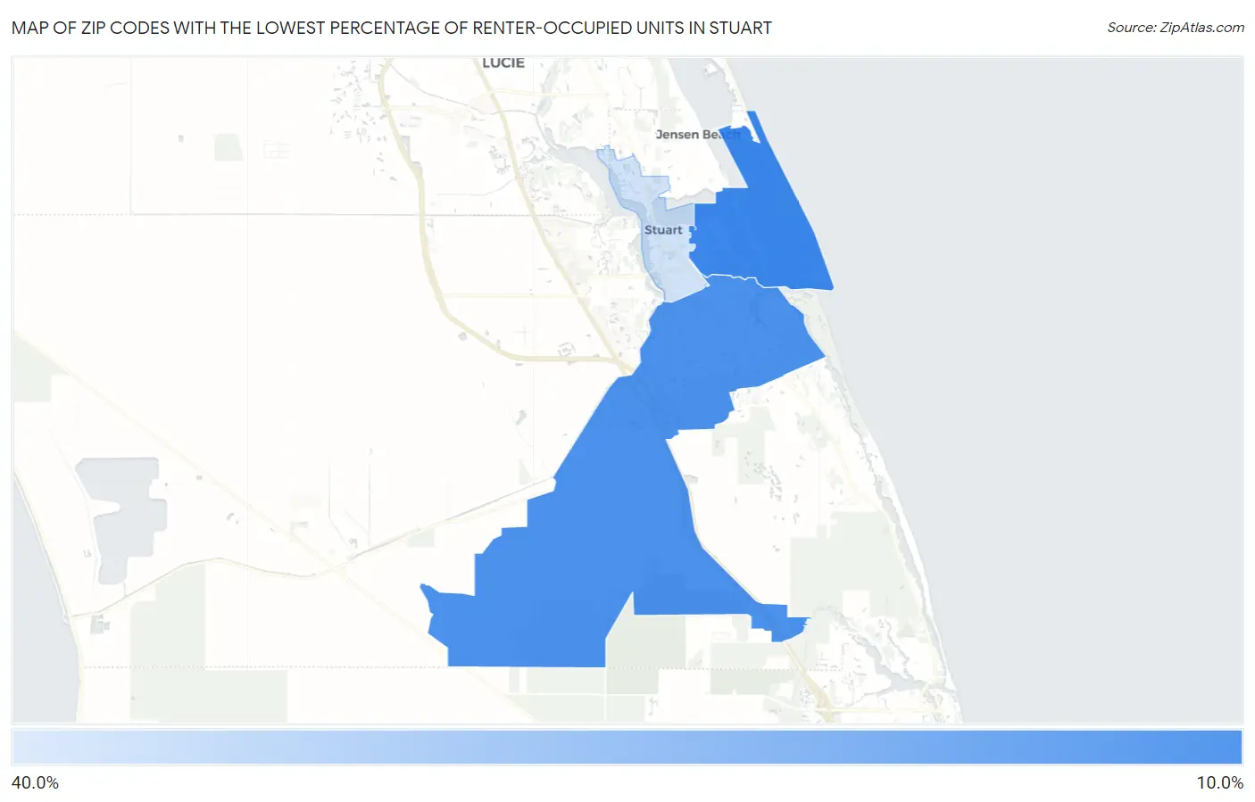 Zip Codes with the Lowest Percentage of Renter-Occupied Units in Stuart Map