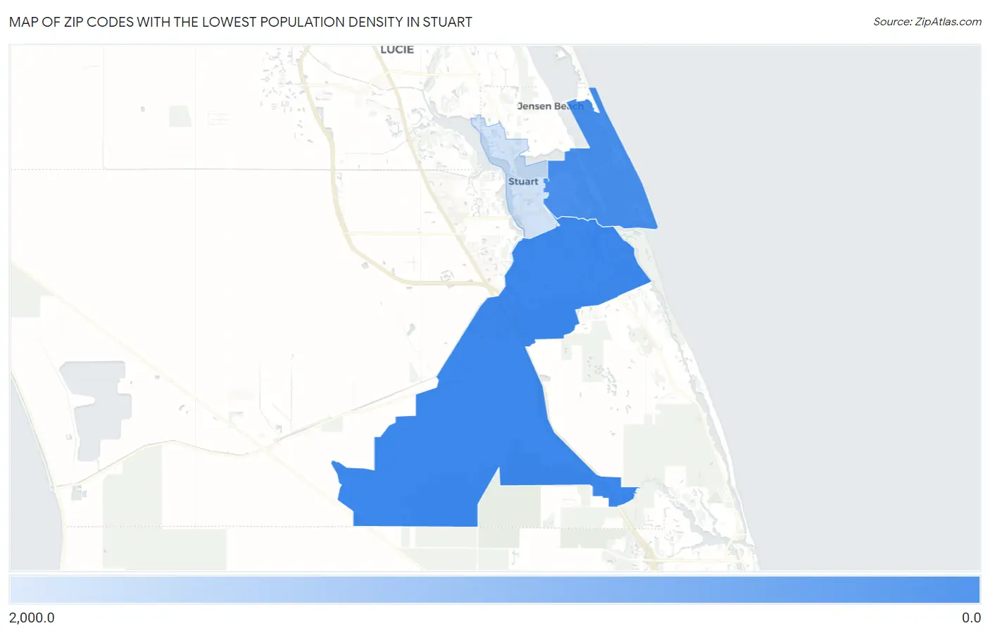 Zip Codes with the Lowest Population Density in Stuart Map