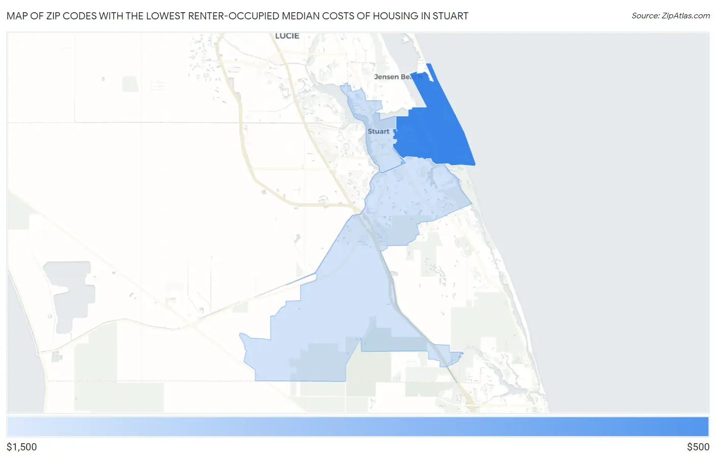 Zip Codes with the Lowest Renter-Occupied Median Costs of Housing in Stuart Map