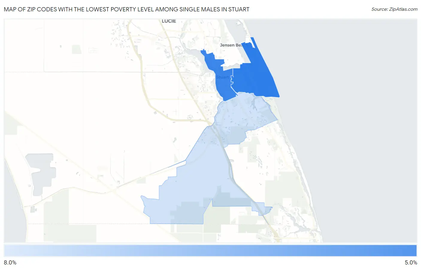 Zip Codes with the Lowest Poverty Level Among Single Males in Stuart Map