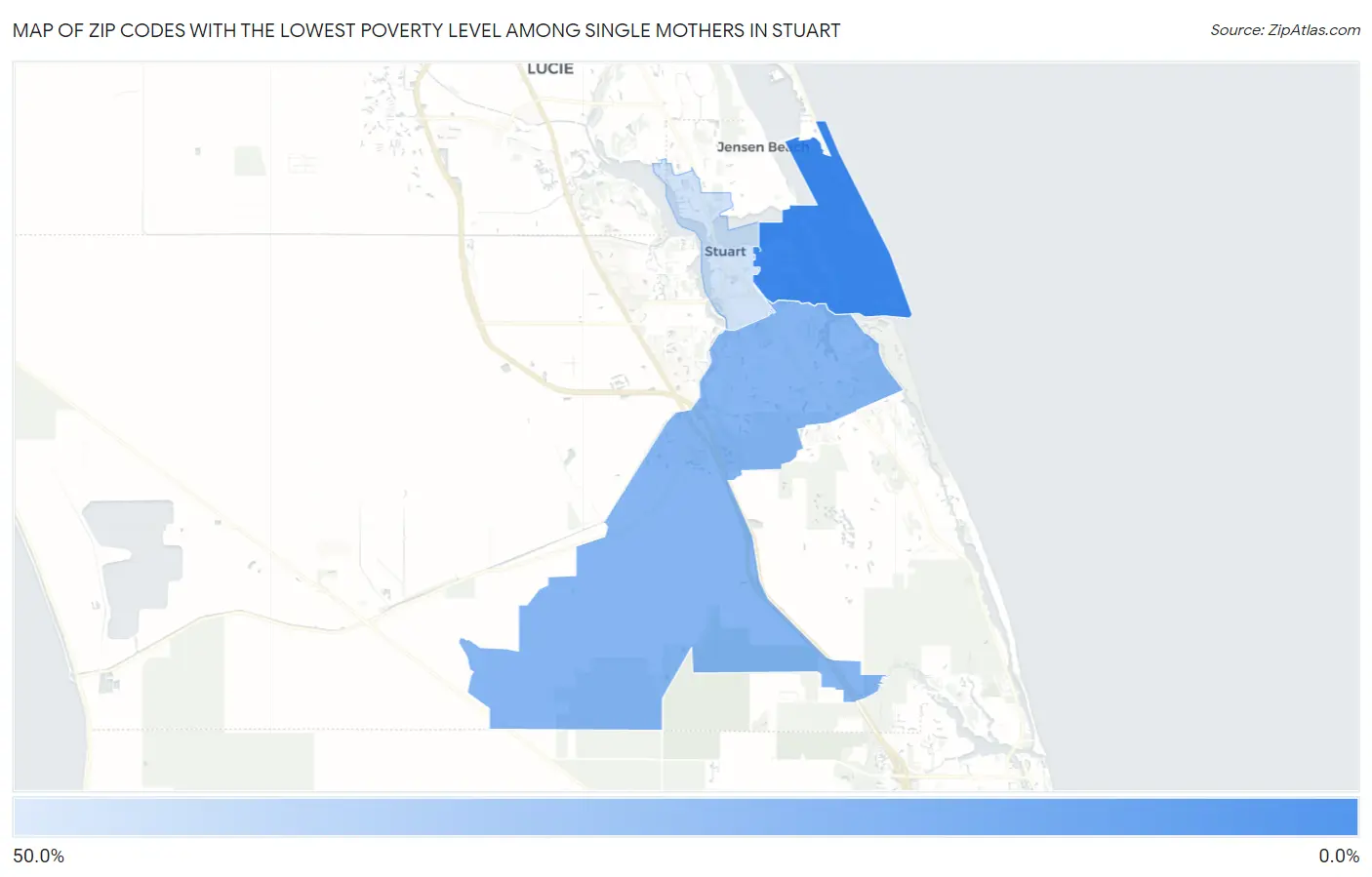 Zip Codes with the Lowest Poverty Level Among Single Mothers in Stuart Map