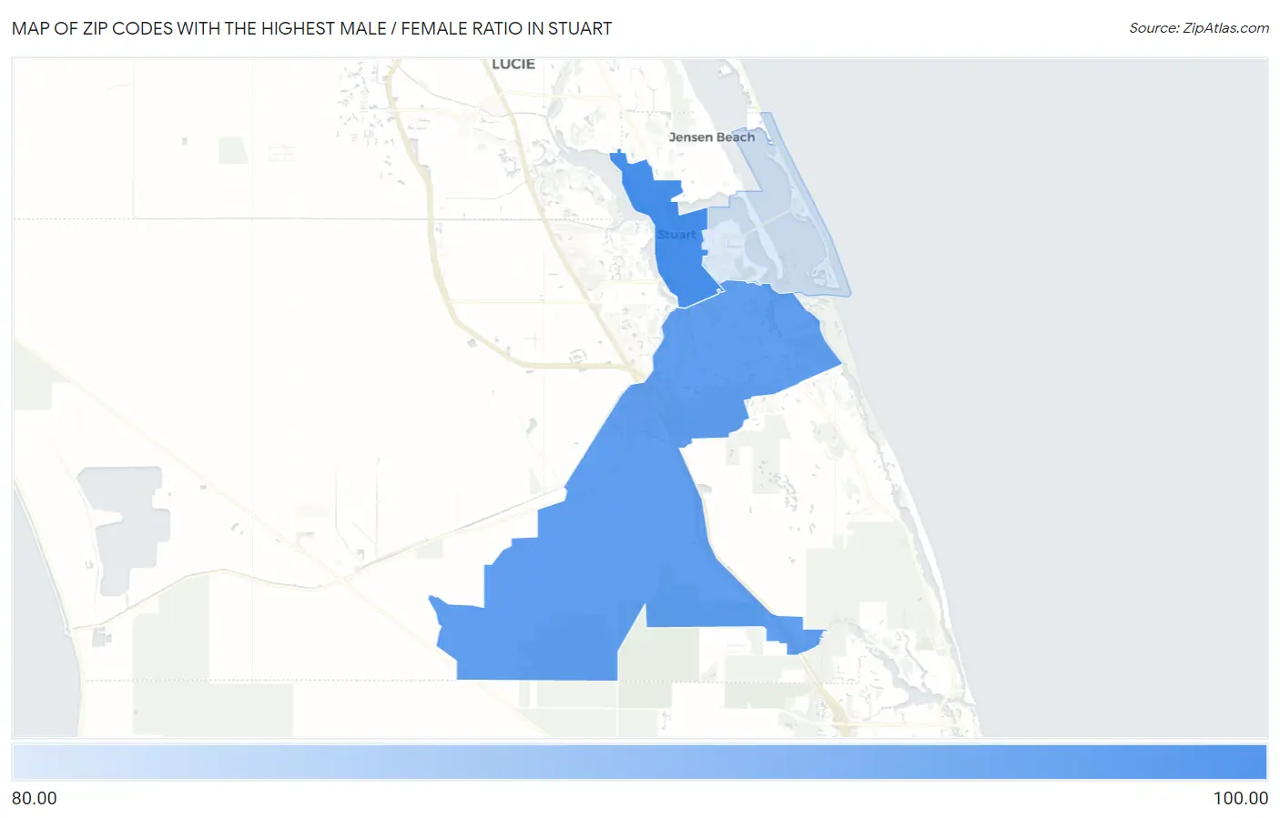 Zip Codes with the Highest Male / Female Ratio in Stuart Map
