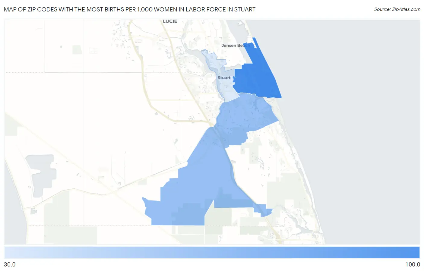 Zip Codes with the Most Births per 1,000 Women in Labor Force in Stuart Map
